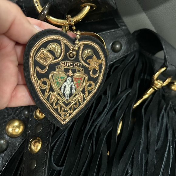 Vintage Gucci Black Leather Studded Fringe Shoulder Bag with Crest Medallions - Picture 5 of 9